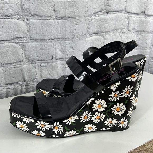 Betsey Johnson Shoes - Betsey Johnson Black Patent Daisy Print Wedge Sandals
